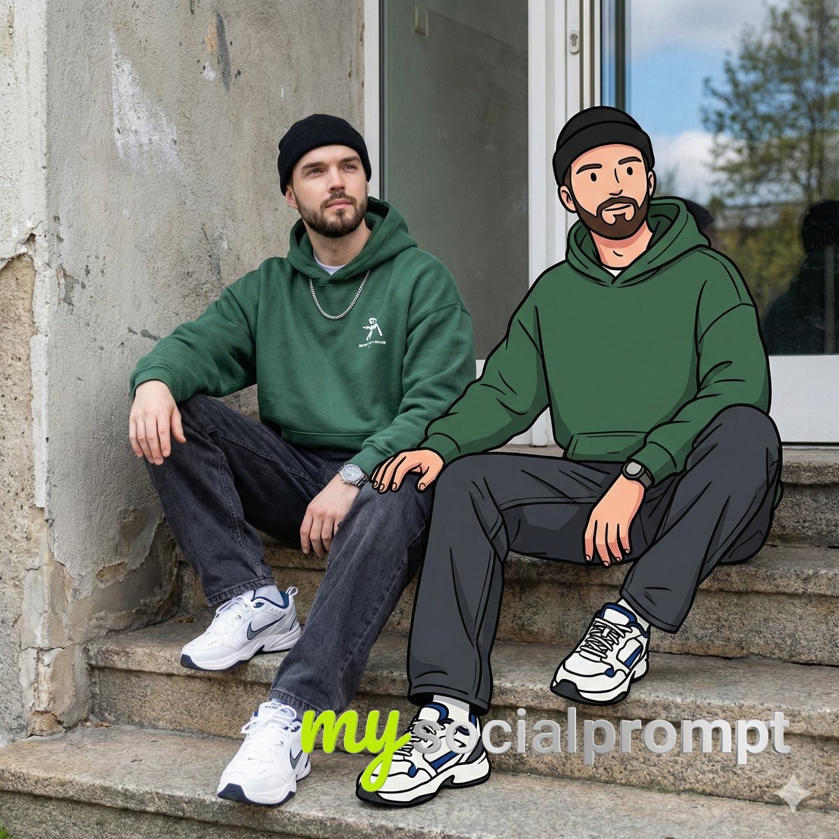 nanobanana prompt: Mixed Reality Street Portrait with Graphic Illustration Blend 2
