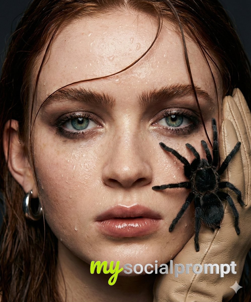 nanobanana prompt: Cinematic Fashion Portrait with Surreal Tarantula Element 3