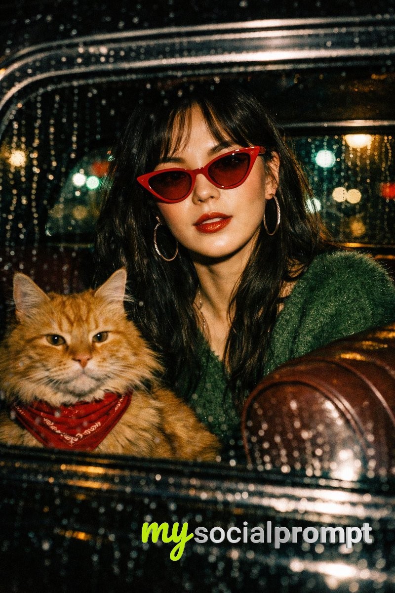 nanobanana prompt: Cinematic Noir Portrait with Retro Fashion & Atmospheric Bokeh