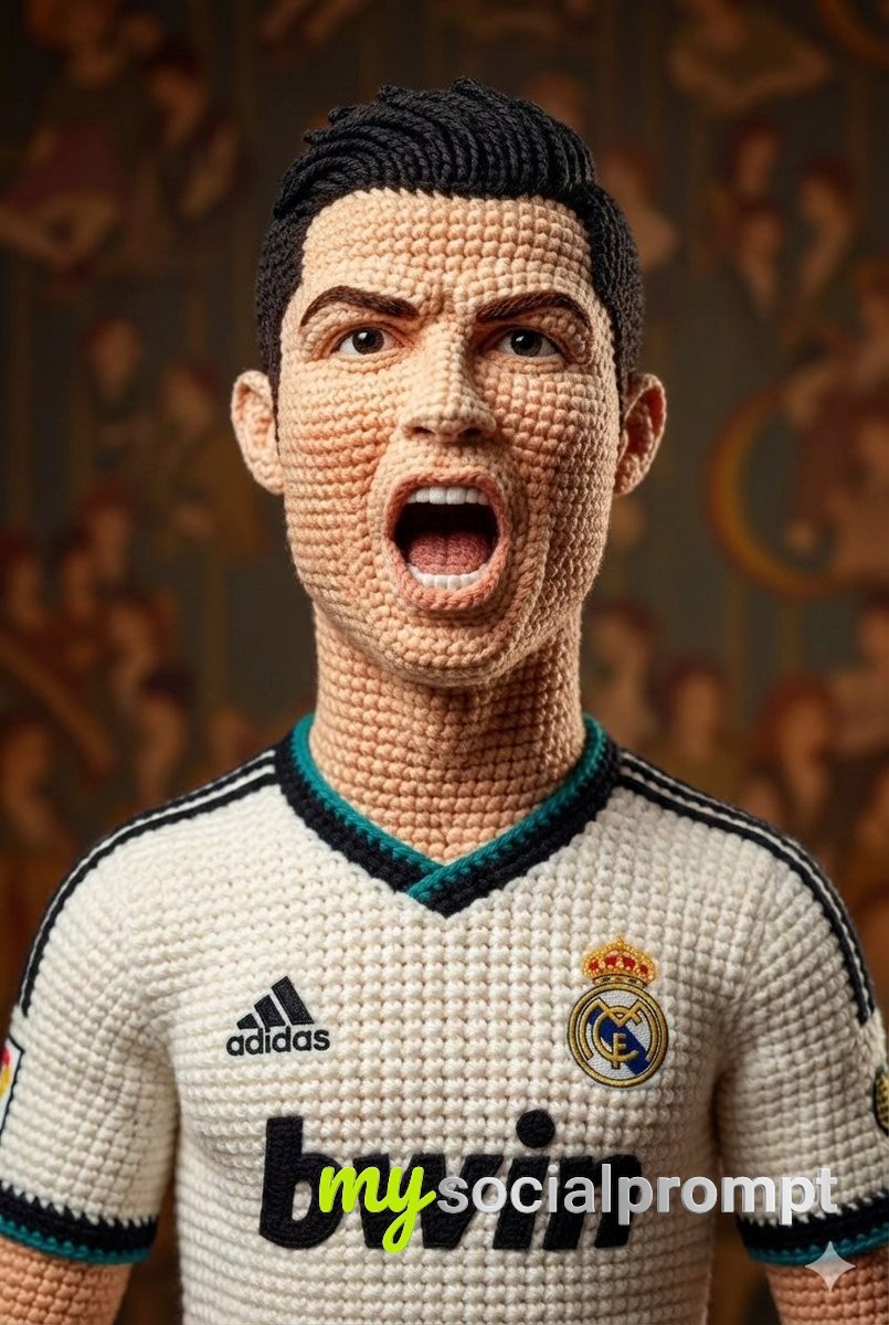 nanobanana prompt: Hyper-Realistic Crochet Portrait – Soft Studio Lighting & Yarn Texture 4