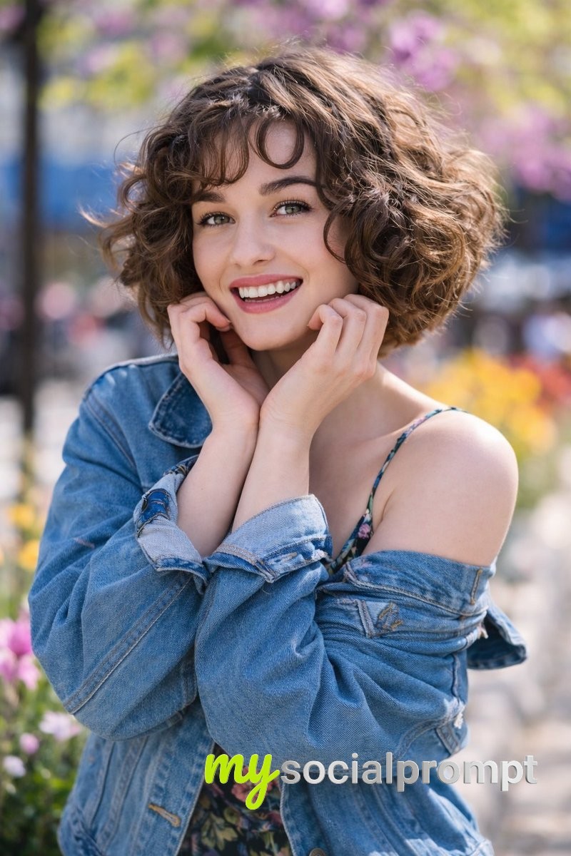 nanobanana prompt: Urban Garden Portrait with Soft Daylight & Voluminous Curls 2
