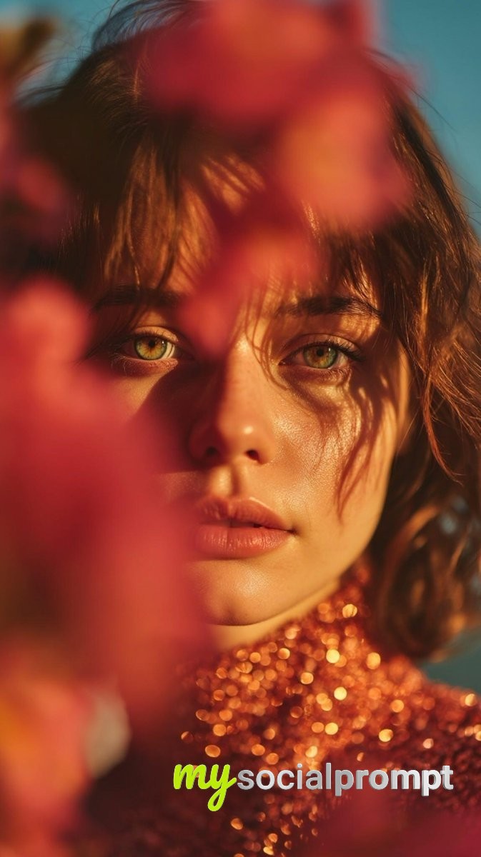 nanobanana prompt: Cinematic Portrait with Blossom Foreground & Golden-Hour Lighting