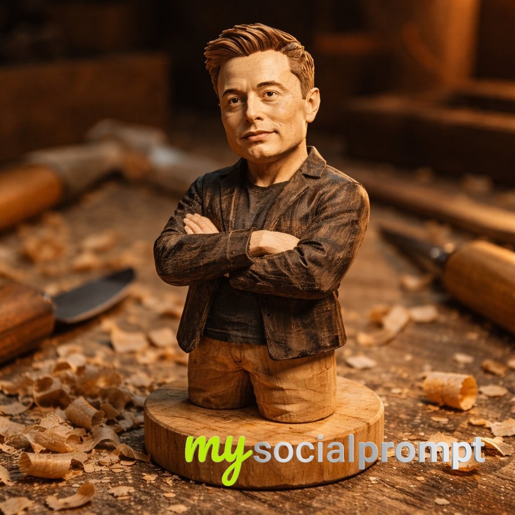 nanobanana prompt: Hand-Carved Wooden Miniature of Elon Musk with Workshop Realism 2