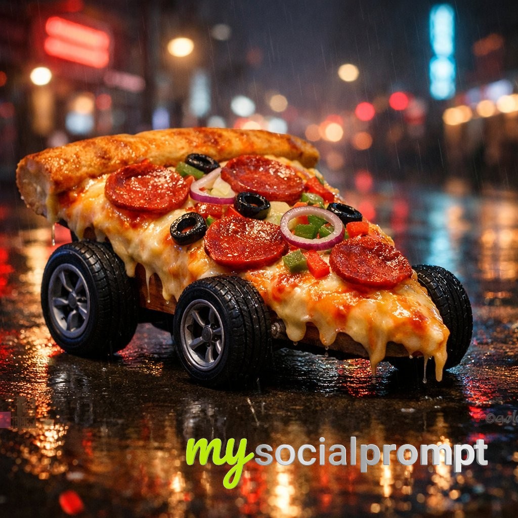 nanobanana prompt: Surreal Pizza Car in Cyberpunk Rain, Hyper-realistic 8K