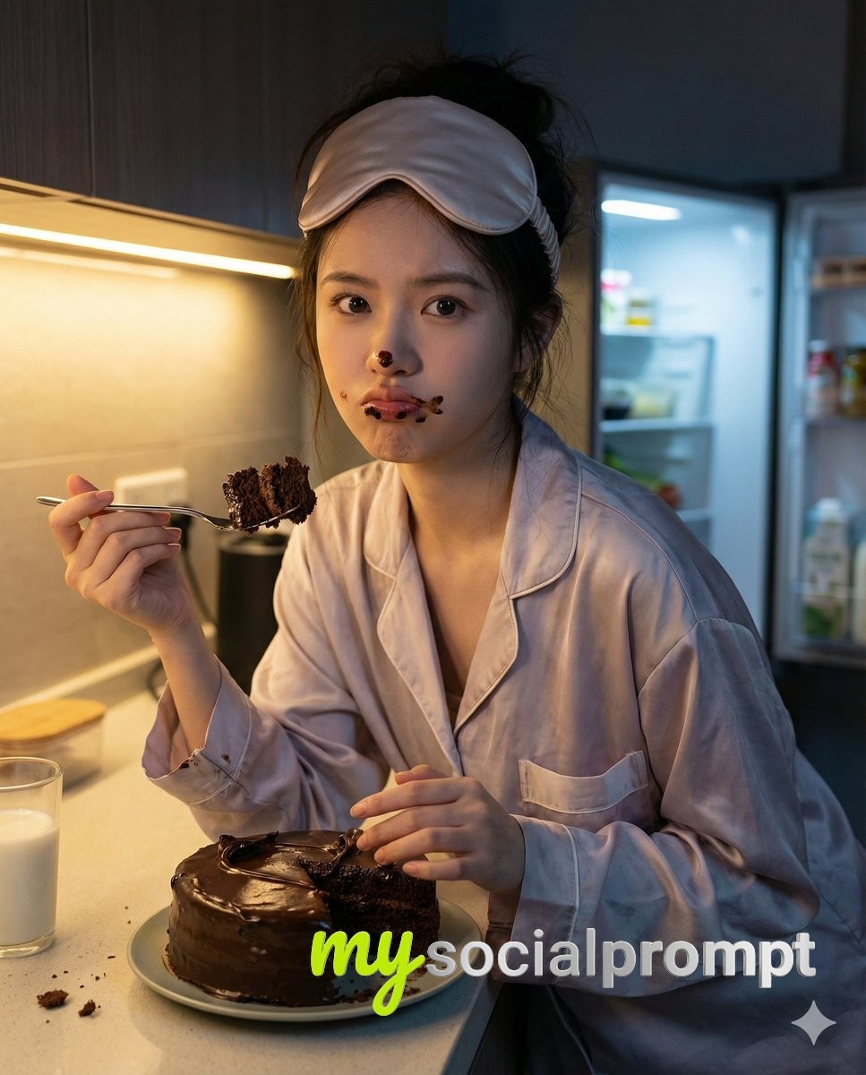 nanobanana prompt: Cinematic Midnight Snack Portrait with Chocolate Smudge