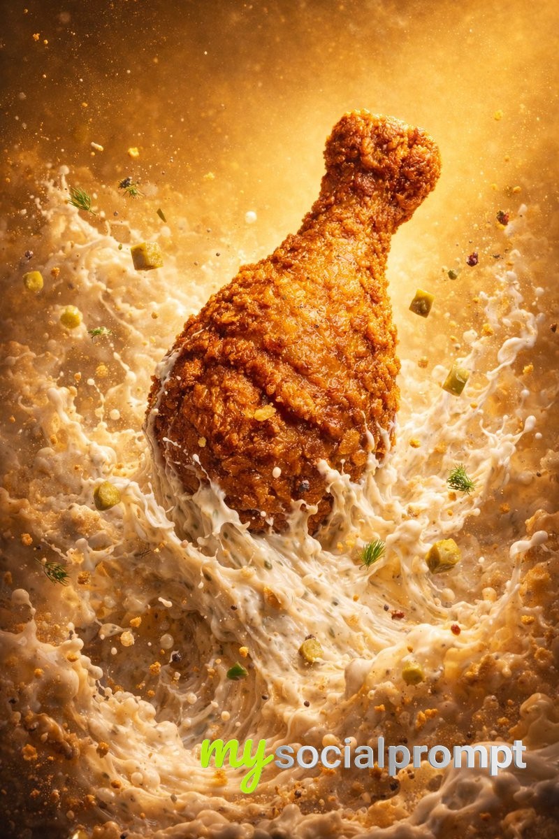 nanobanana prompt: Epic Cinematic Fantasy Food Scene: Colossal Crispy Chicken Leg Rising from Molten Creamy Sauce 4