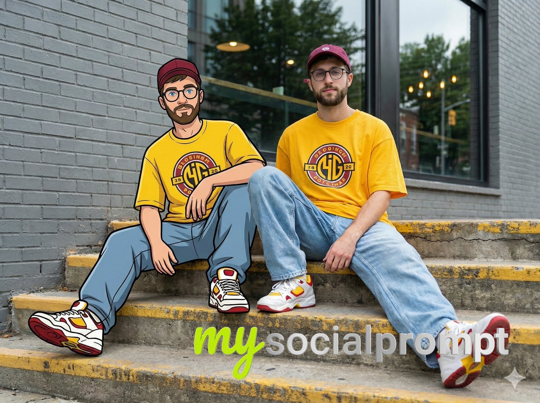 nanobanana prompt: Mixed-Reality Street Portrait with Cartoon Twin in Y2K Hip-Hop Fashion