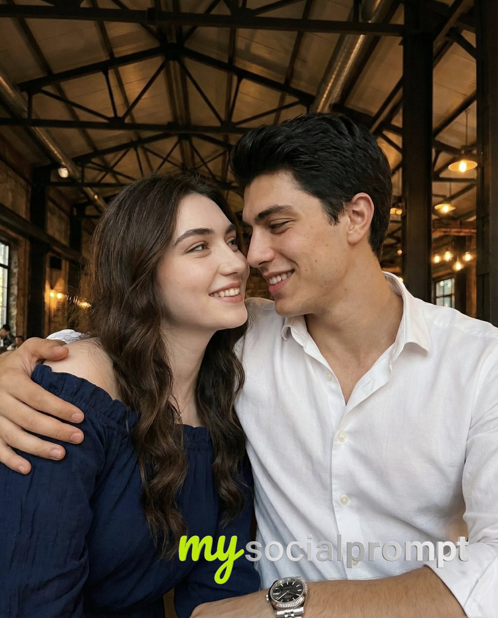 nanobanana prompt: Industrial Casual Couple Selfie with Warm Ambient Lighting 2