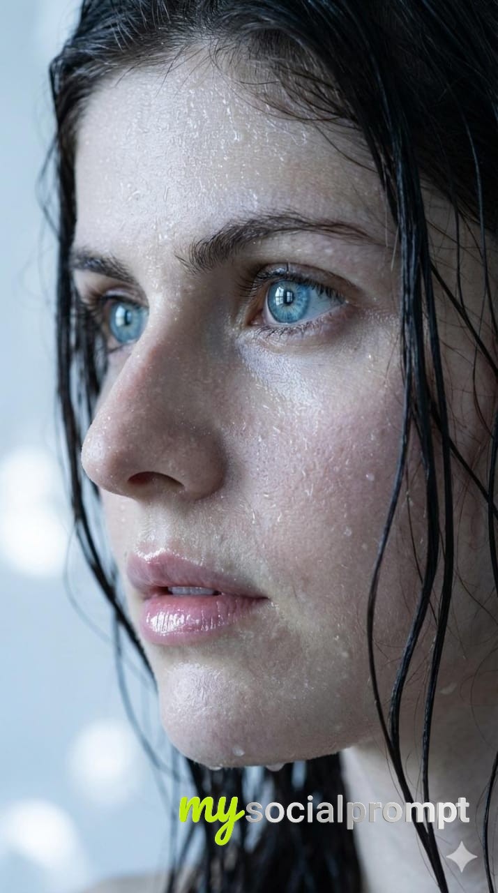 nanobanana prompt: Hyper-realistic Wet Portrait with Cinematic Lighting & Natural Textures 2
