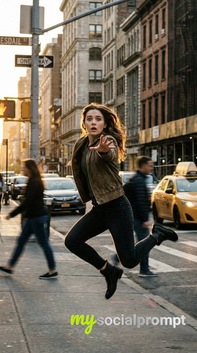 nanobanana prompt: Cinematic Freeze-Frame of Woman in NYC Street Jump