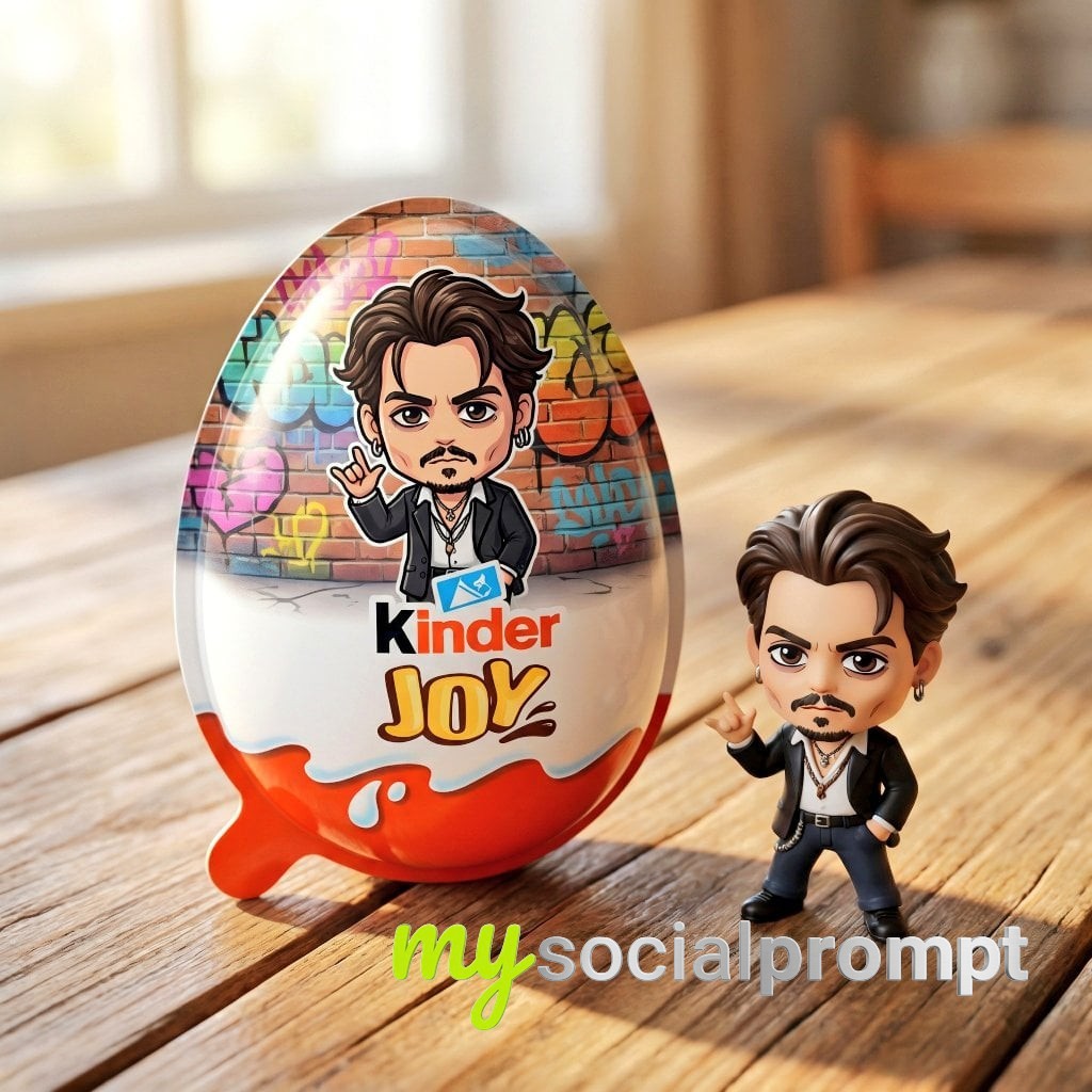 nanobanana prompt: Hyper-Realistic Product Photo of Kinder Joy Egg & Chibi Figurine on Wooden Table 3