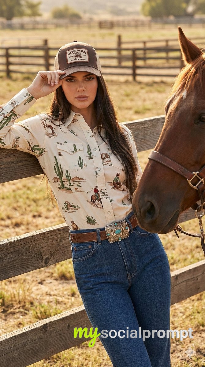 nanobanana prompt: Western Chic Portrait with Equestrian Elements & Cinematic Lighting 4