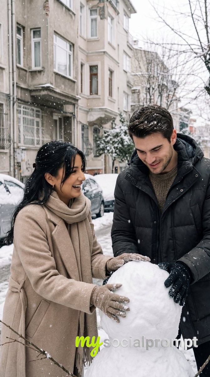 nanobanana prompt: Candid Street Romance in Snowy Istanbul – Photoreal Winter Love Story