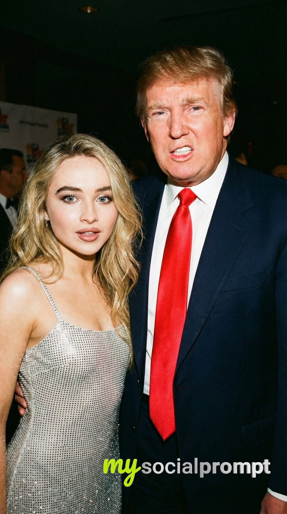 nanobanana prompt: Candid 1990s Flash Photography of Donald Trump & Blonde Companion