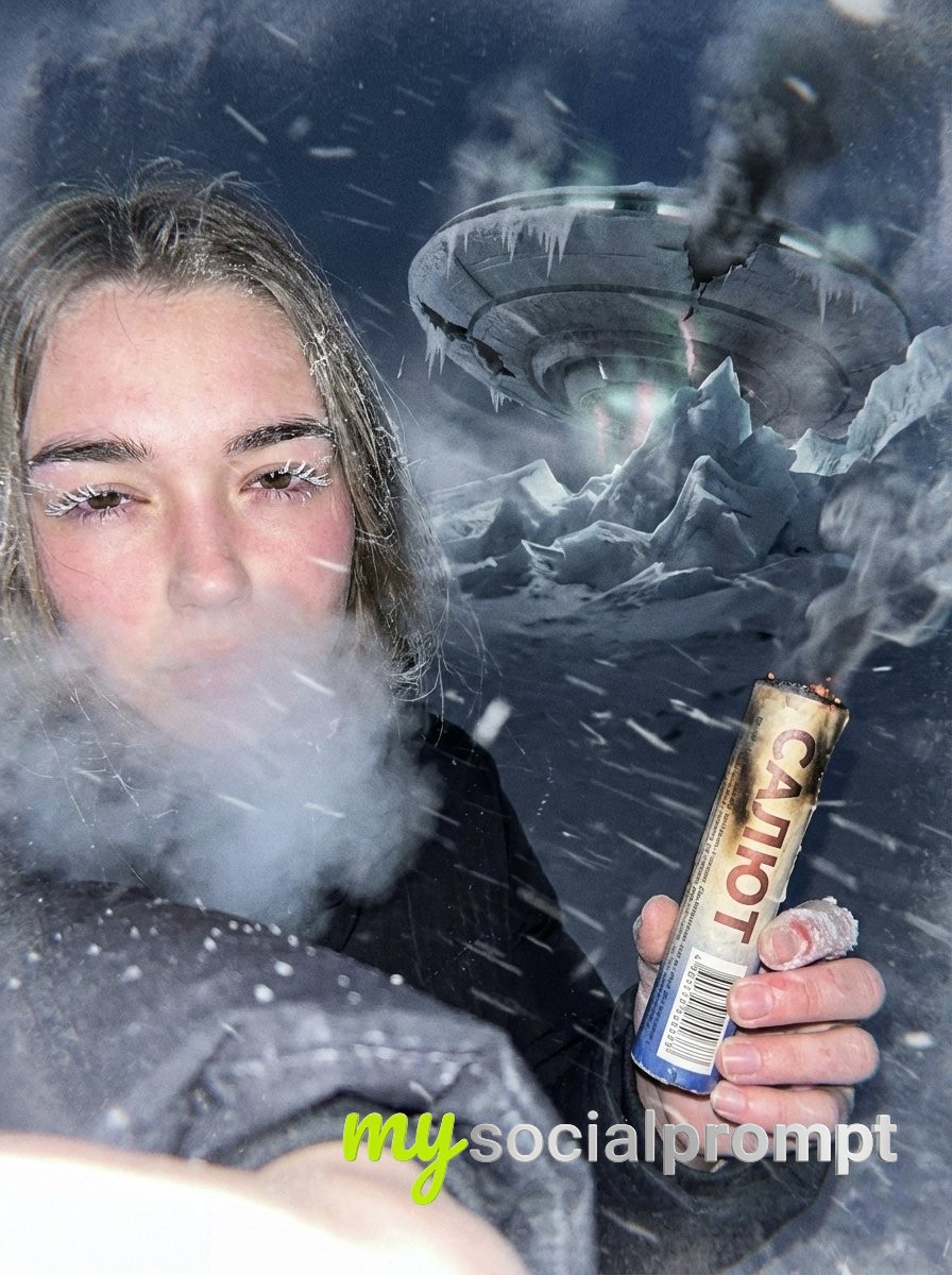 nanobanana prompt: Arctic UFO Crash Selfie with Raw Documentary Realism