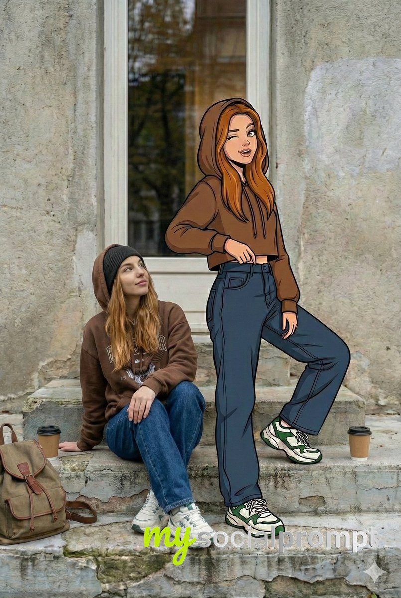 nanobanana prompt: Mixed-Reality Street Portrait with Cartoon Twin & Y2K Style 2