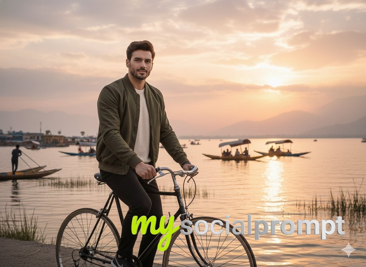 nanobanana prompt: Cinematic Sunset Portrait: Man Cycling Dal Lake, Golden Hour