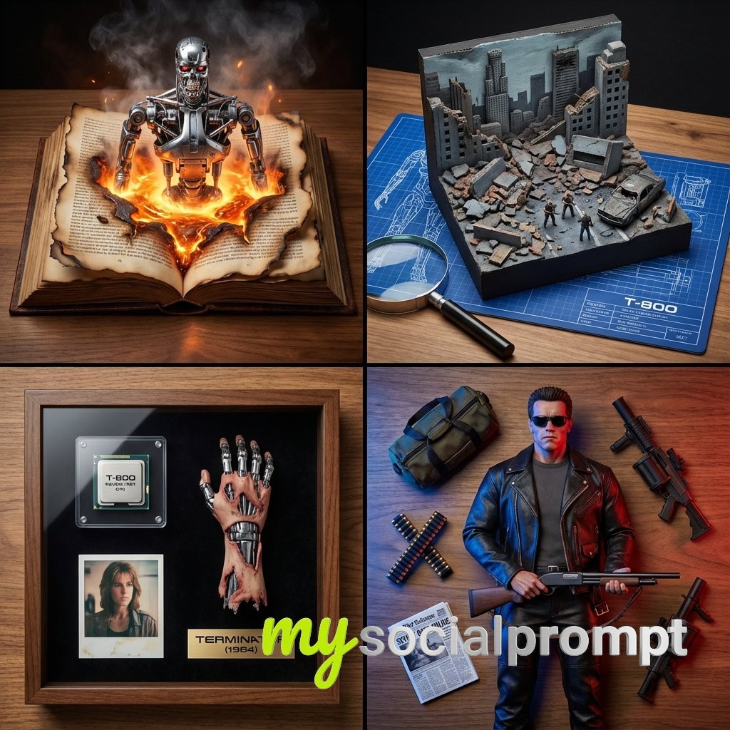 nanobanana prompt: Cinematic Universe 2x2 Grid – Dino Threat, Jungle Ruins, Amber Cane, Fedora Hero