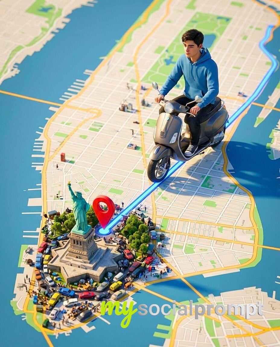 nanobanana prompt: Surreal 3D Photorealistic Urban Rider on GPS Route Map