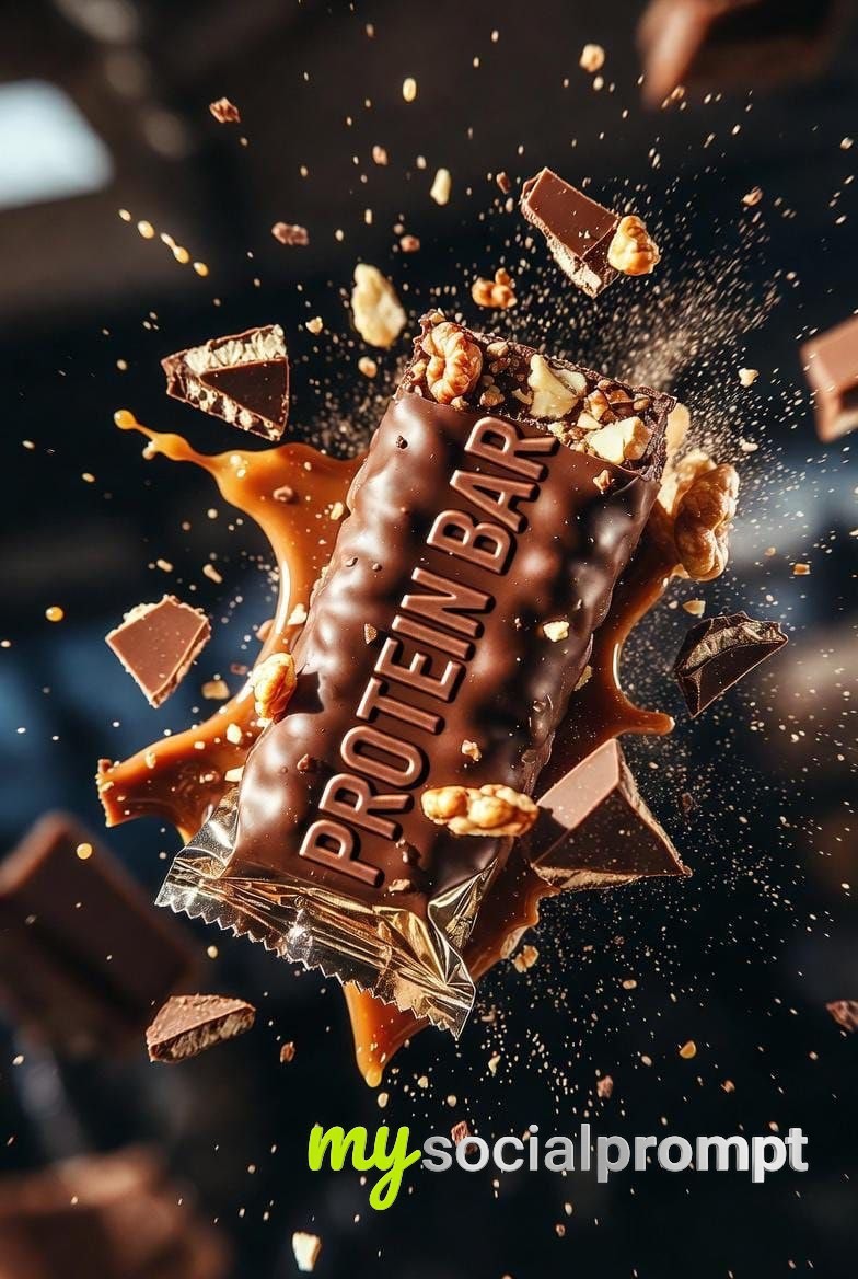 nanobanana prompt: Cinematic Protein Bar Photography with Explosive Texture Detail 2
