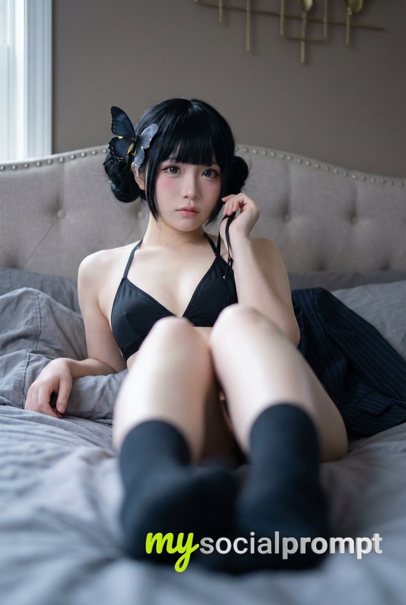 nanobanana prompt: Cosplay Boudoir Portrait with Foreshortened Composition