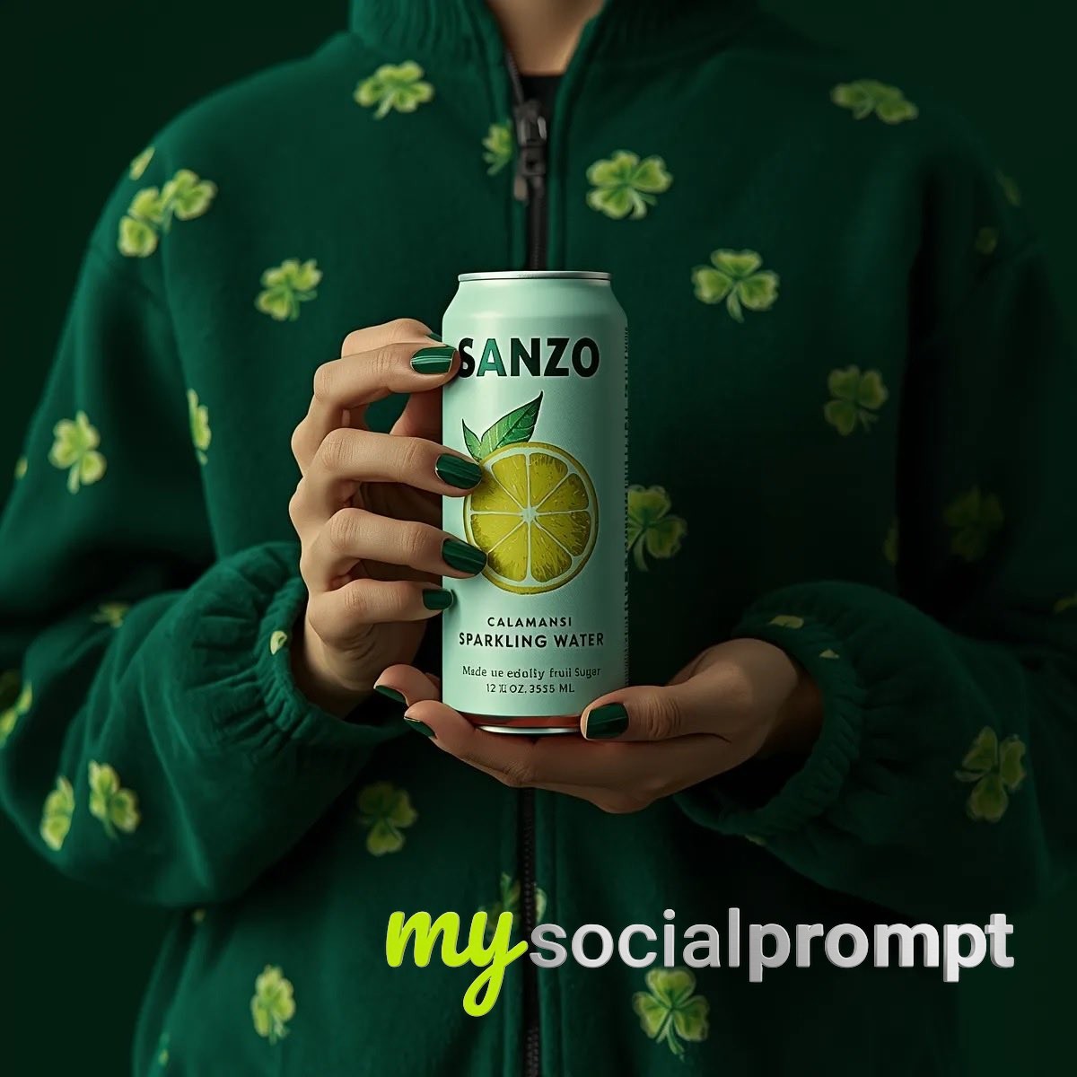 nanobanana prompt: Monochromatic Green Product Shot: Sanzo Calamansi Sparkling Water 2