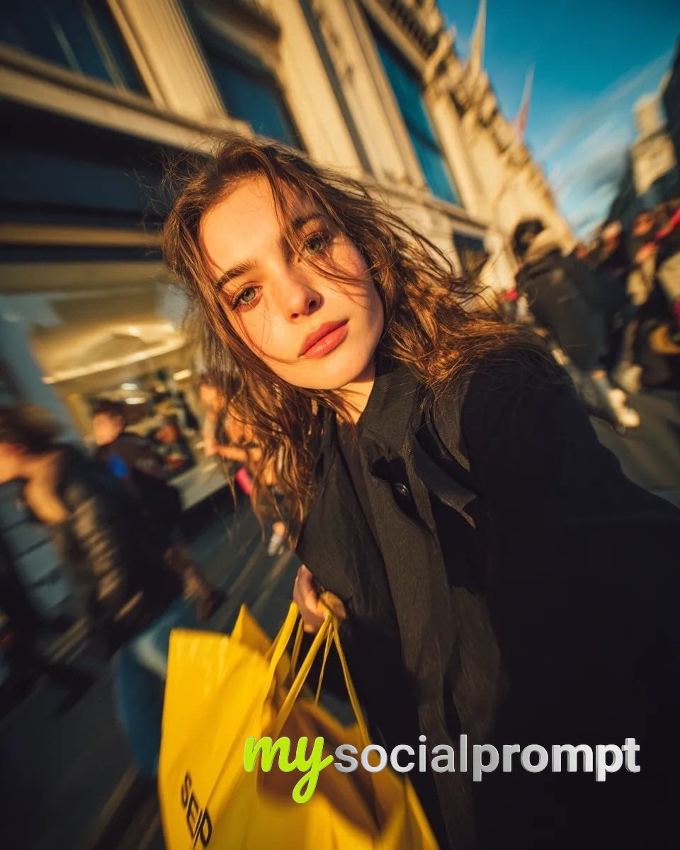 nanobanana prompt: Cinematic Golden Hour Street Portrait with Yellow Shopping Bags