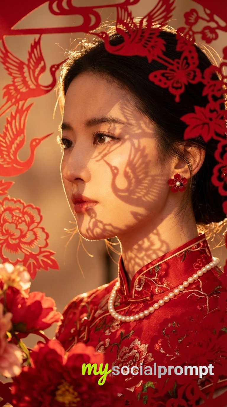 nanobanana prompt: New Chinese Style Portrait with Gobo Lighting & Hyper-realistic Skin