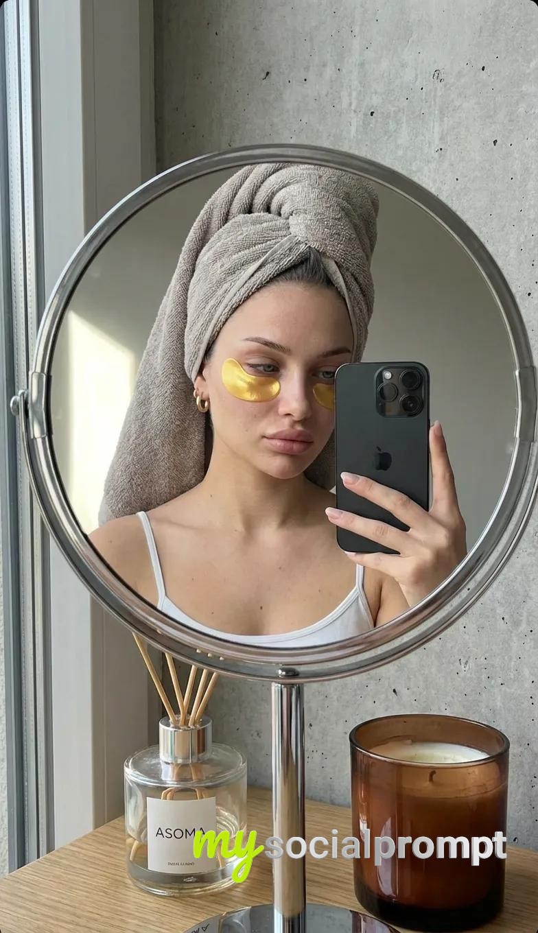 nanobanana prompt: Candid Mirror Selfie with Skincare Routine – Hyperrealistic Lifestyle Photography