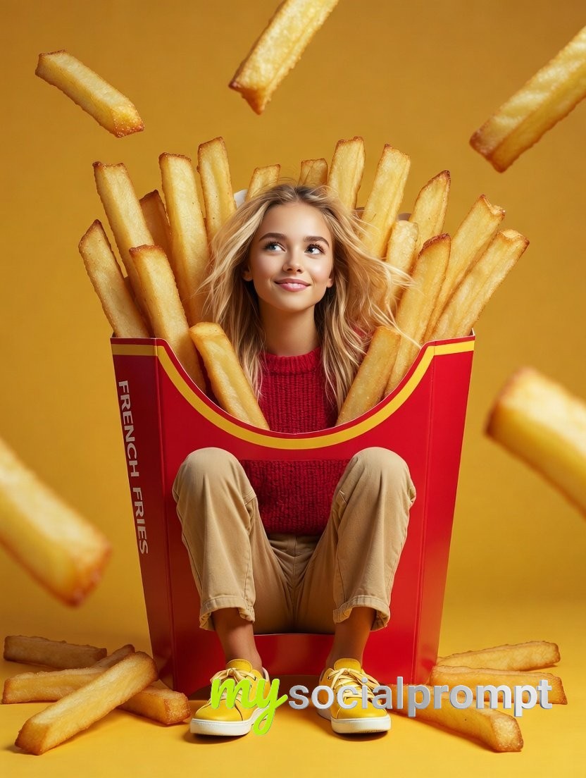 nanobanana prompt: Surreal Commercial Portrait with Giant Red French Fry Carton