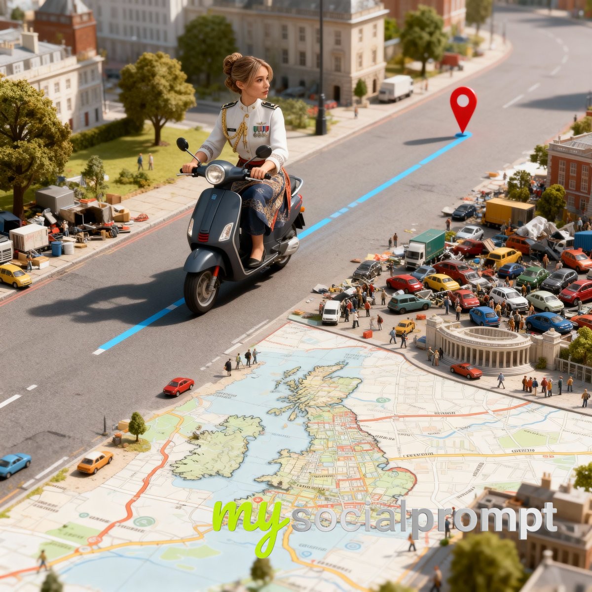 nanobanana prompt: Surreal GPS Journey with Photorealistic Character & Miniature City
