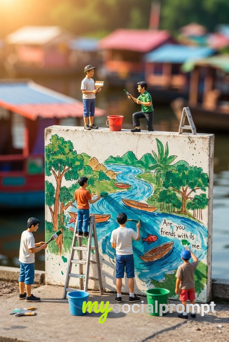 nanobanana prompt: Miniature Diorama of Youth Painting Environmental Mural in Bandung 2