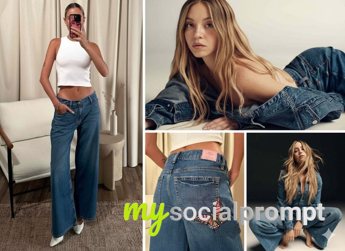 nanobanana prompt: Y2K Denim Collage with Butterfly Embroidery