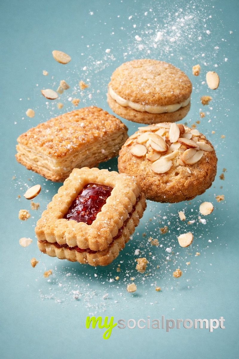 nanobanana prompt: Cinematic Biscuit Photography with Floating Ingredients 4