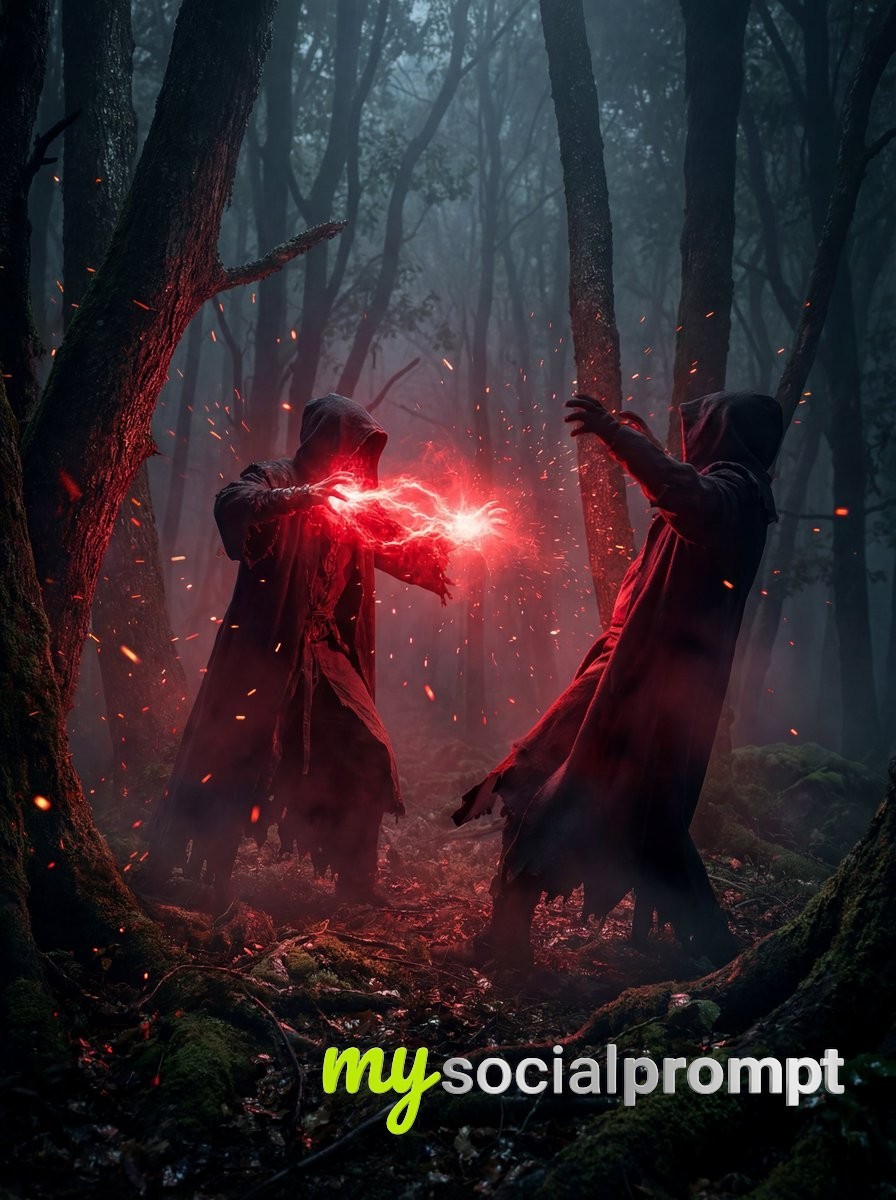 nanobanana prompt: Cinematic Forest Duel with Glowing Red Energy & Moody Lighting
