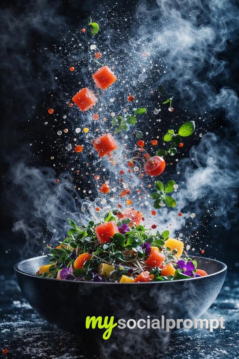 nanobanana prompt: Hyper-realistic Salad Explosion with Cinematic Lighting