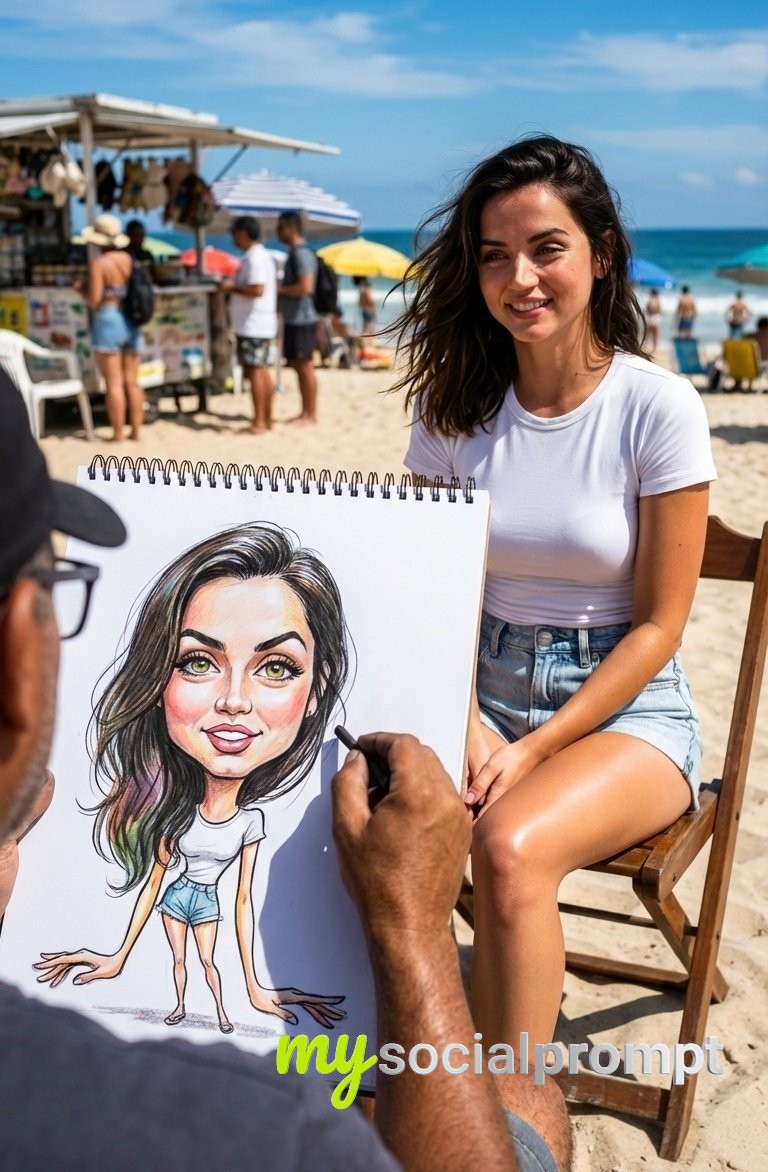 nanobanana prompt: Caricature Artist & Voluptuous Woman at Sunny Beach Fair – 8K Hyper-Realistic 2