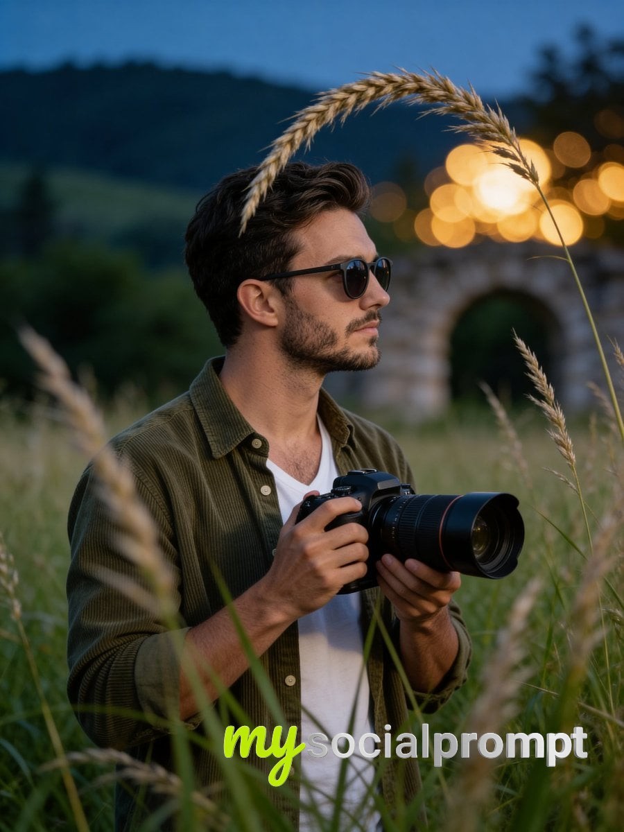 nanobanana prompt: Cinematic Portrait of Photographer in Meadow at Twilight with Bokeh Background