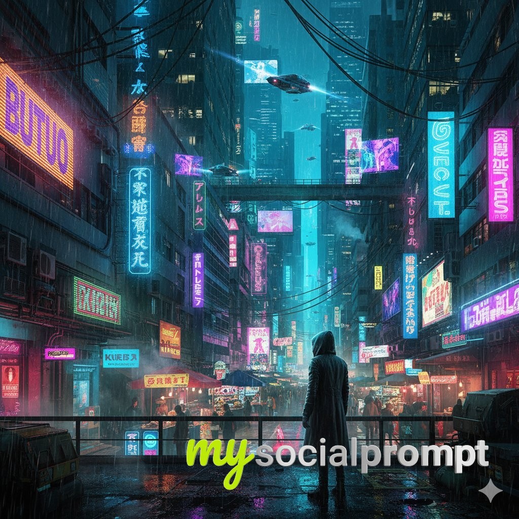 nanobanana prompt: Cyberpunk City Night Rain with Neon Reflections in Cinematic Wide Shot