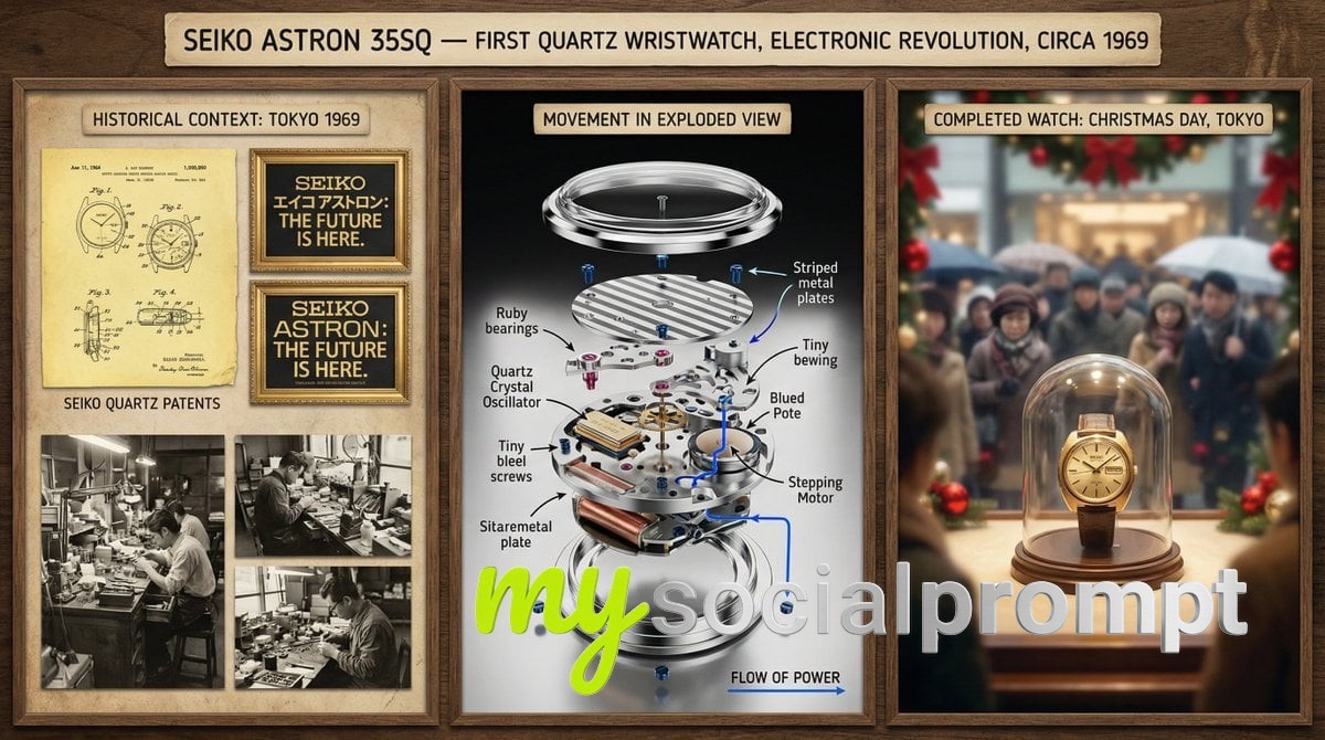nanobanana prompt: Watchmaker Documentation Board — Sepia Patent to Chrome Precision 4