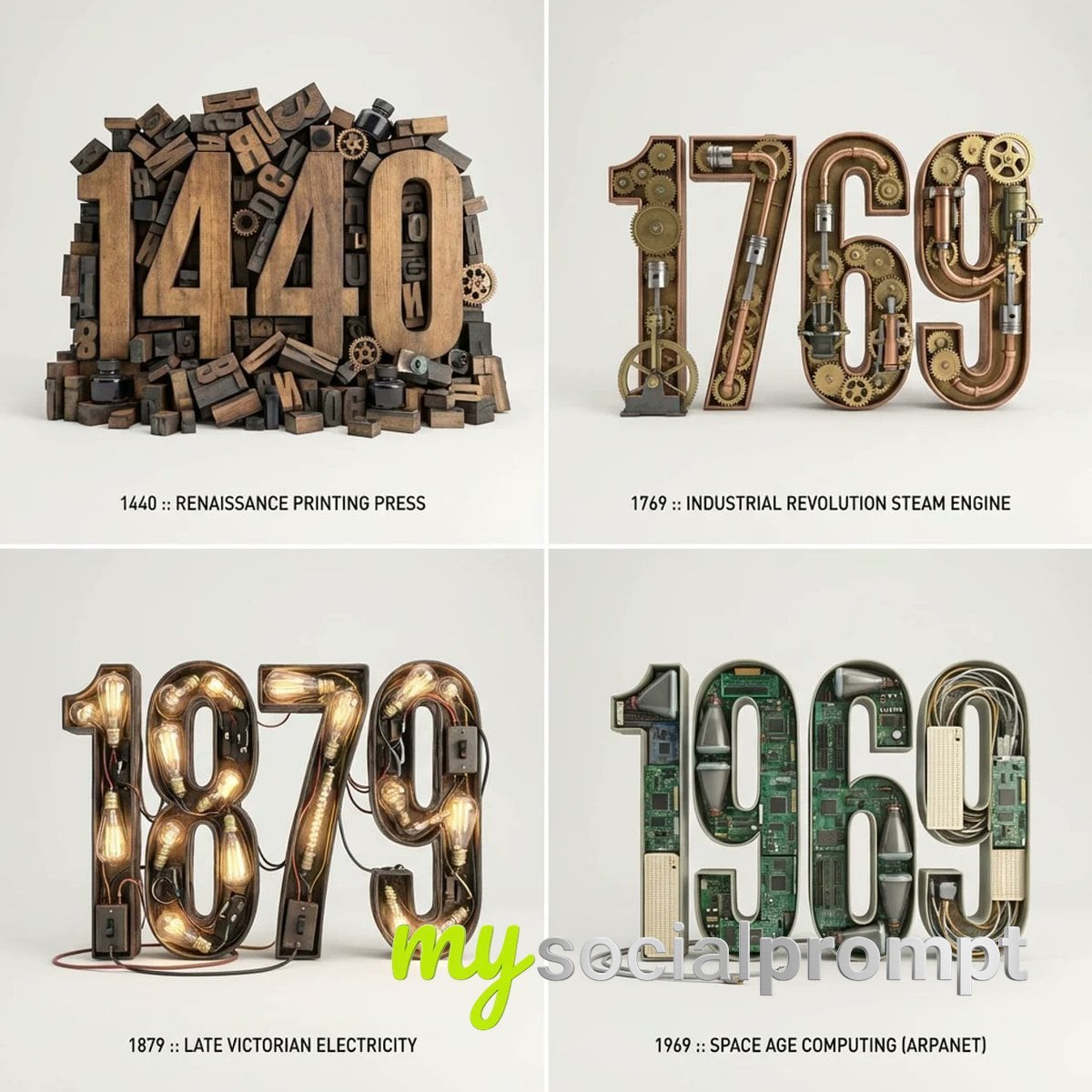 nanobanana prompt: 3D Typographic Sculpture of Historical Inventions Grid