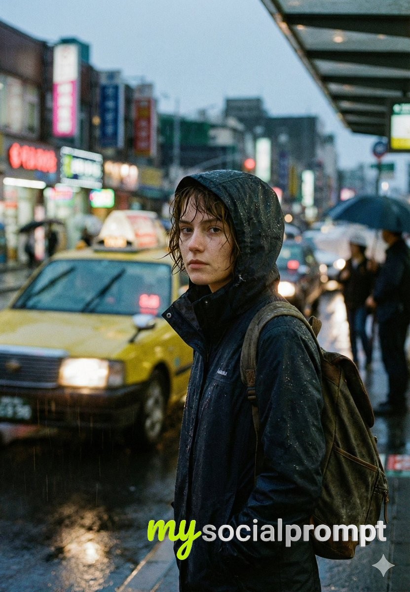 nanobanana prompt: Cinematic Urban Realism with Rain-Soaked Subject