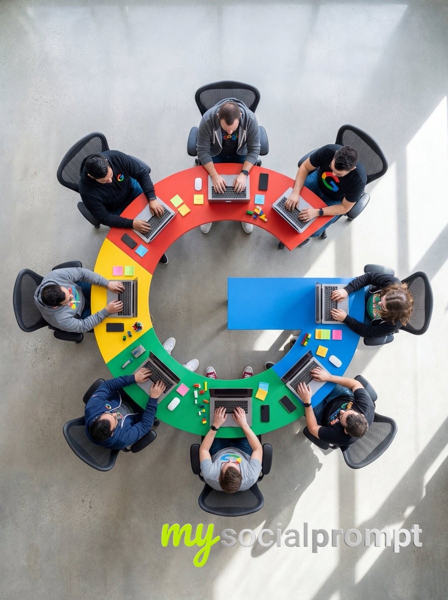 nanobanana prompt: Cinematic Flat Lay of Custom-Shaped Conference Table with Professionals