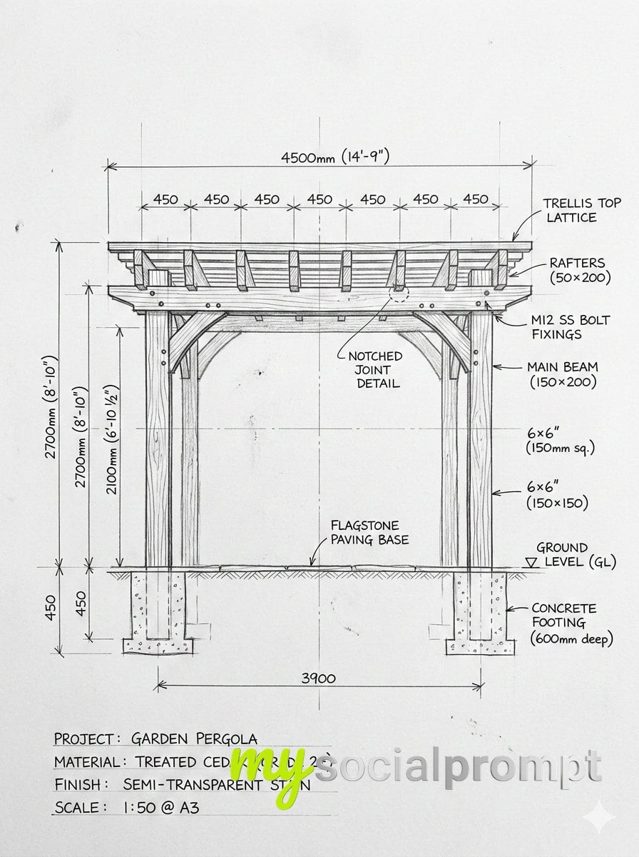 nanobanana prompt: Photorealistic Pergola: Hand-Drawn Sketch + Built Architecture