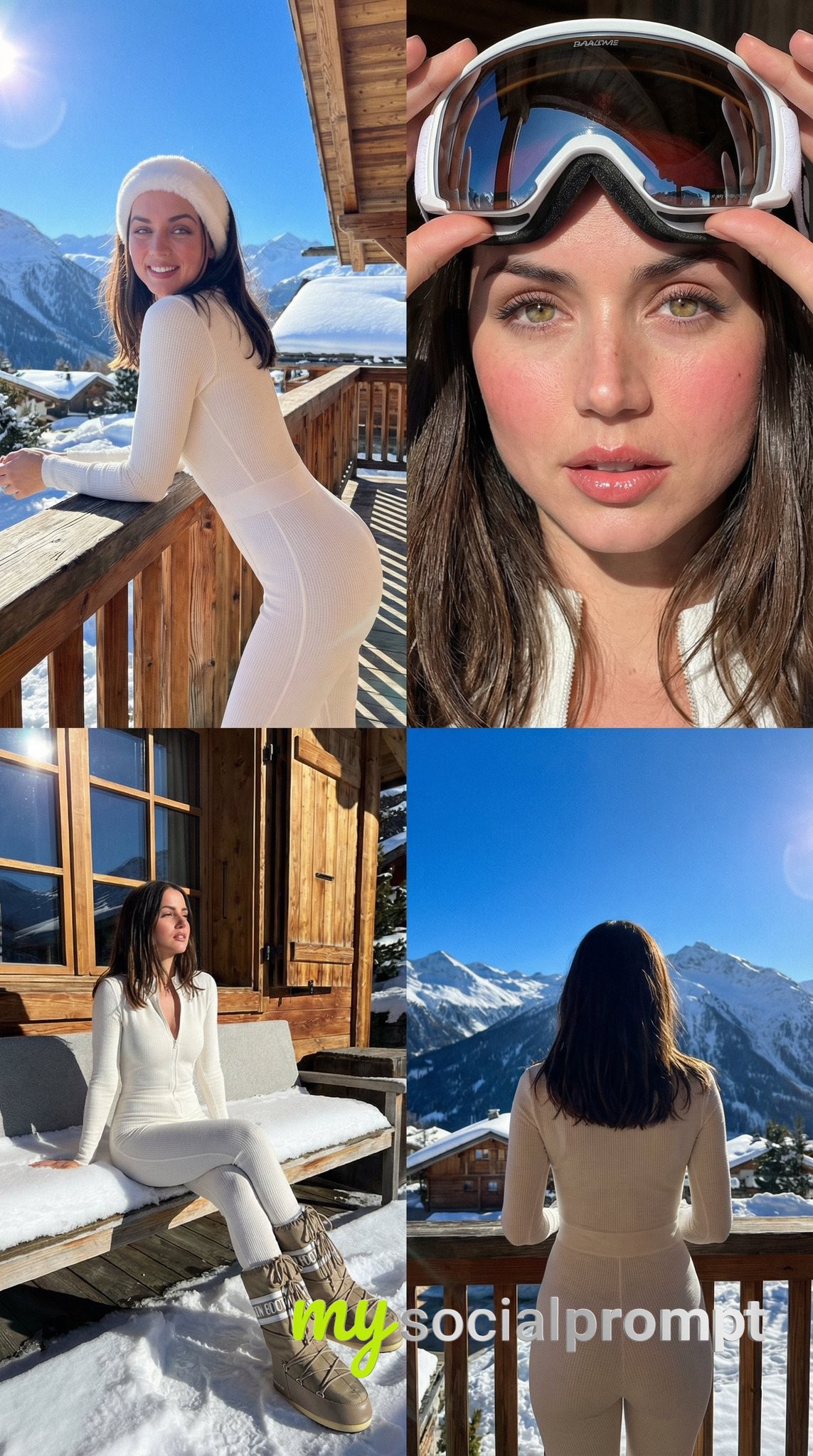 nanobanana prompt: Luxury Ski Influencer Collage with Harsh Alpine Lighting