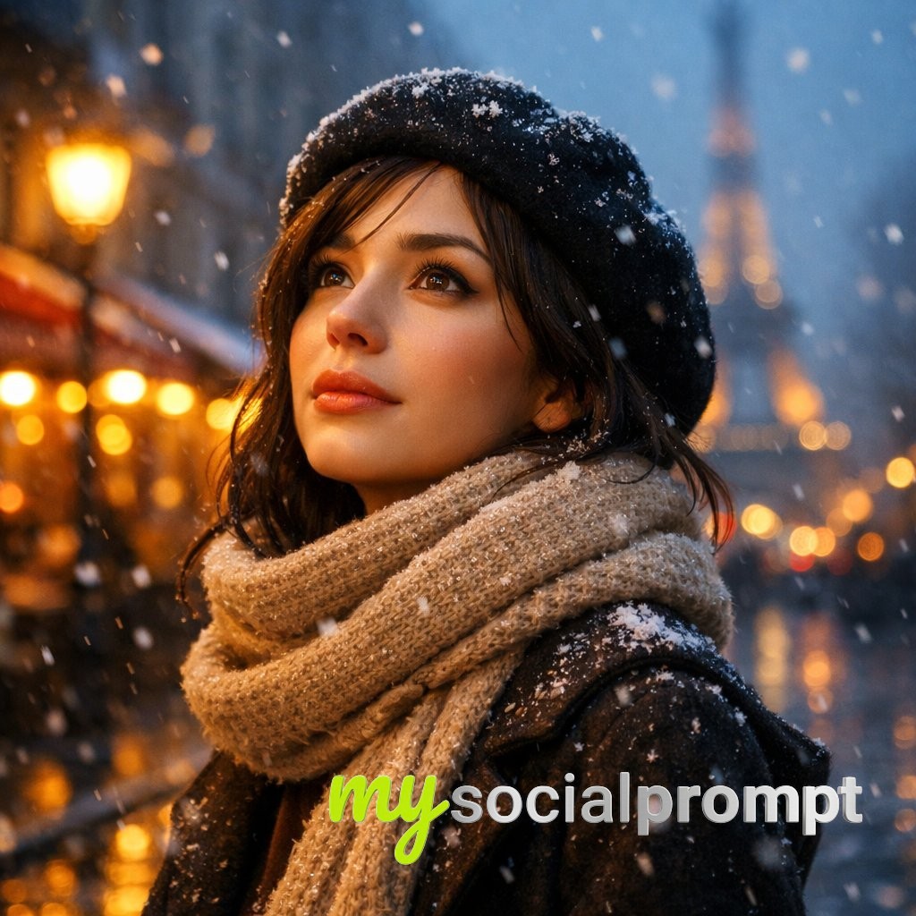 nanobanana prompt: Parisian Winter Portrait with Cinematic Lighting & Bokeh Effects