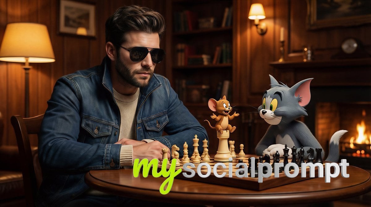nanobanana prompt: Cinematic Chess Match: Photorealistic Man vs. Pixar-Style Cat & Mouse in Cozy Study