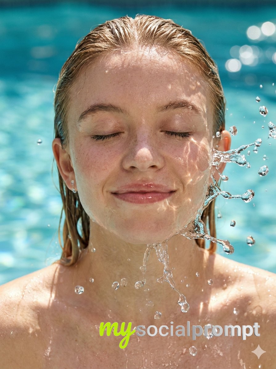 nanobanana prompt: Sydney Sweeney Hyper-realistic Water Splash Portrait with Caustic Lighting 2