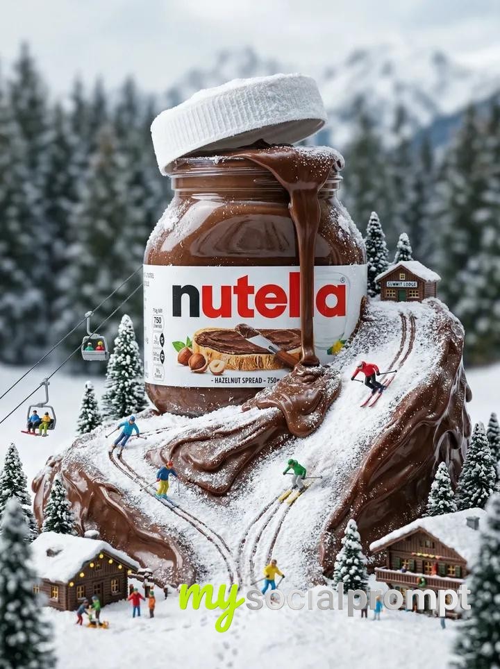 nanobanana prompt: Cinematic Macro Fantasy: Nutella Jar Winter Landscape