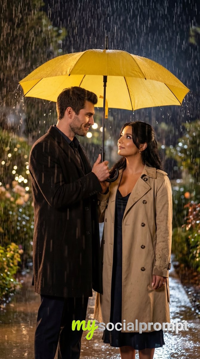 nanobanana prompt: Cinematic Rain Romance with Yellow Umbrella Lighting
